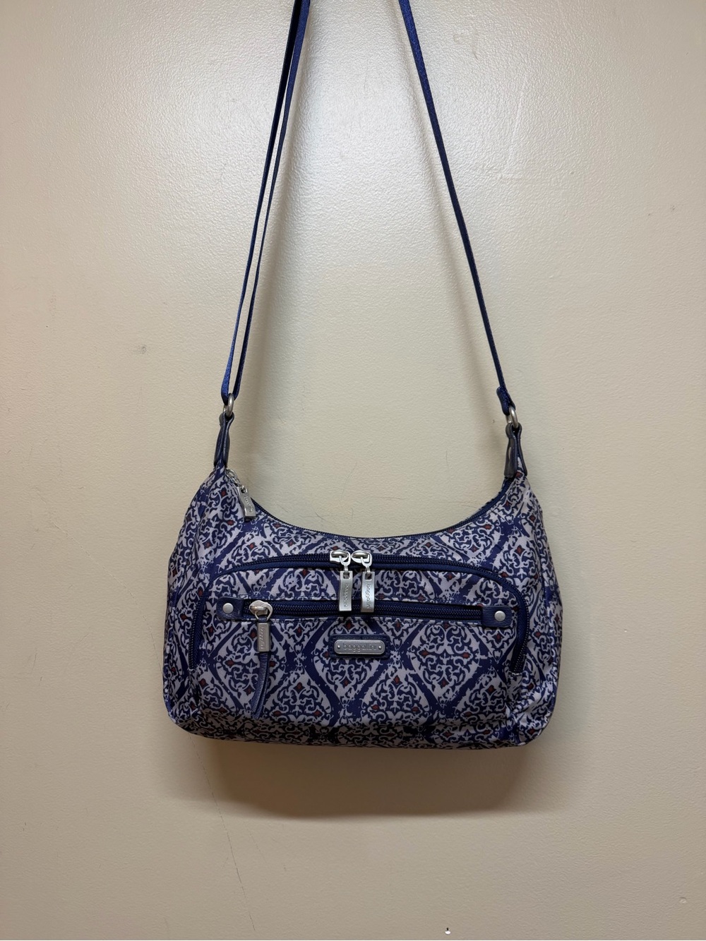 Baggalini Original Every Day Crossbody RFID Built In Wallet Damask Travel Blue